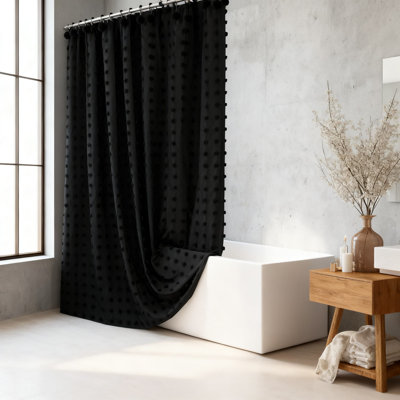 Farmhouse Shower Curtain With Tufted Pleat Floral Puffs, Textured Minimalist Design For Modern Bathroom, Water-Resistant Polyester Fabric With Hooks Included