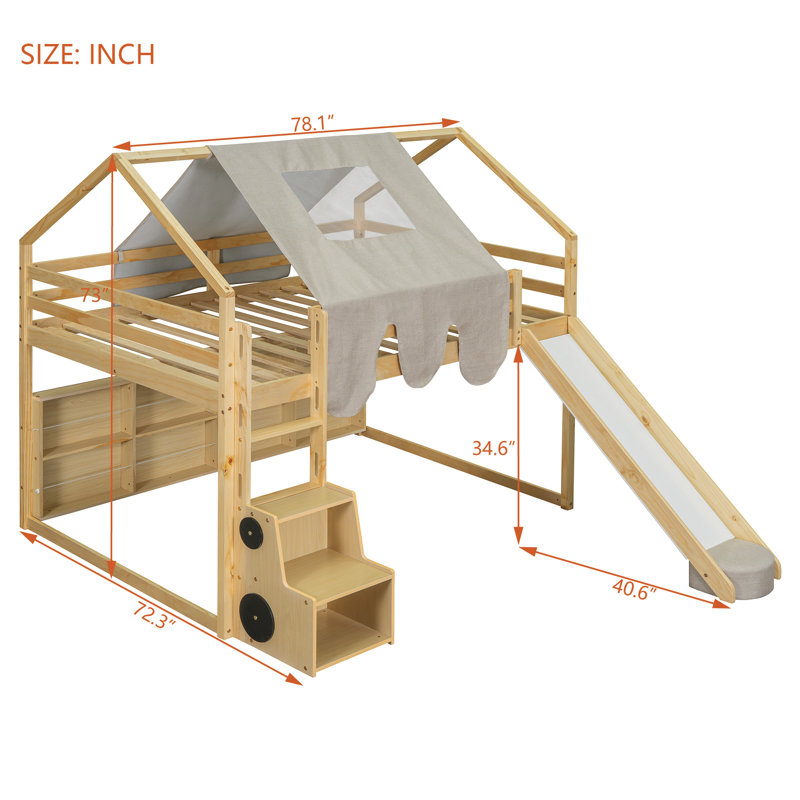 Loft Bed With Slide, Storage Bookcase and Stairs, Full, Natural