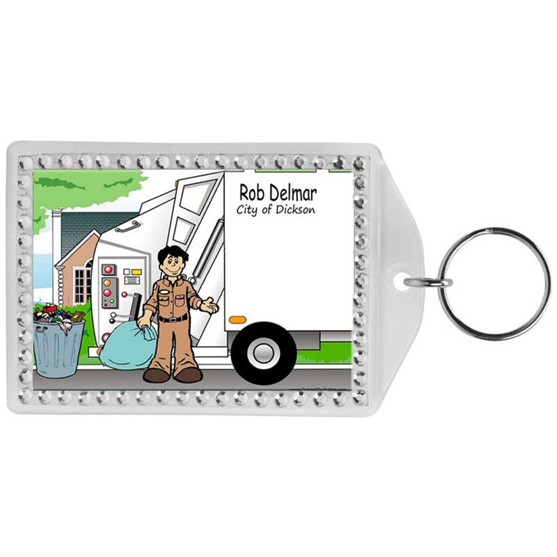 Personalized Name That Toon Trash Collector, Sanitation Engineer - Male Rhinestone Bordered Key Chain, Yes