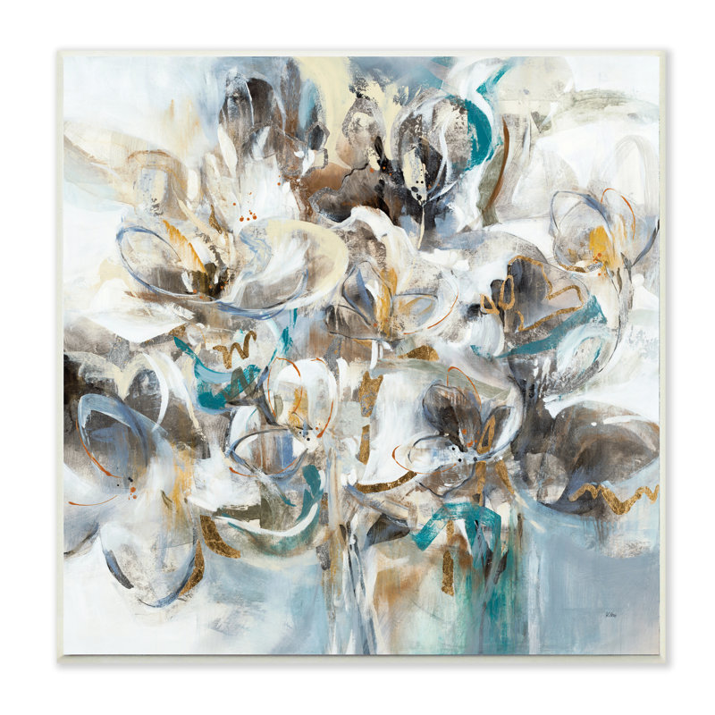 Bouquet d'abstraction florale de fleurs blanches par K. Nari - Peinture, H 12 po x l 12 po x P 0,5 po, Bois