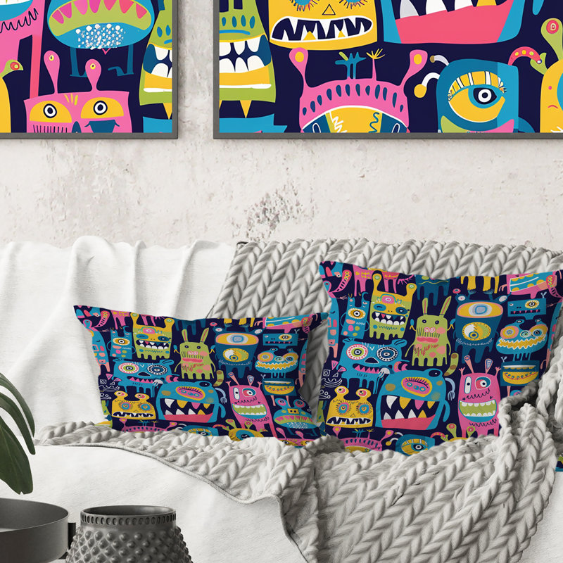 Childrens Friendly Monsters Pattern - Children Throw Pillow, 18"H x18"H, Blue/Green