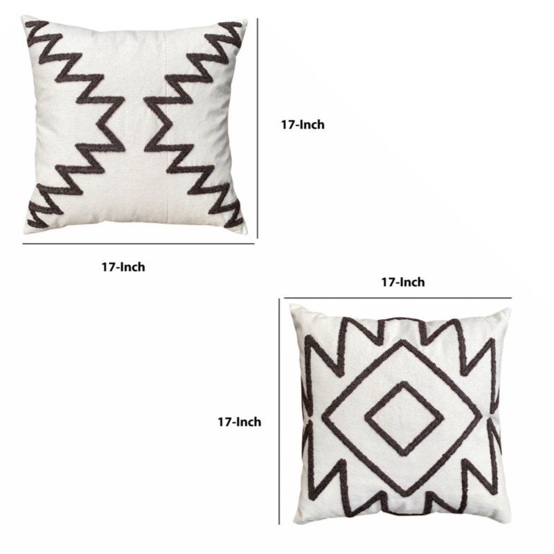 17 x 17 Inch White and Gray Cotton Embroidered Throw Pillow Set