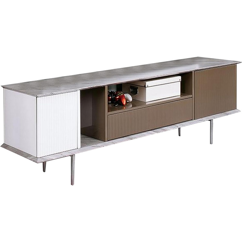  Console de divertissement 70 pouces avec tablettes et tiroir blanc brun gris