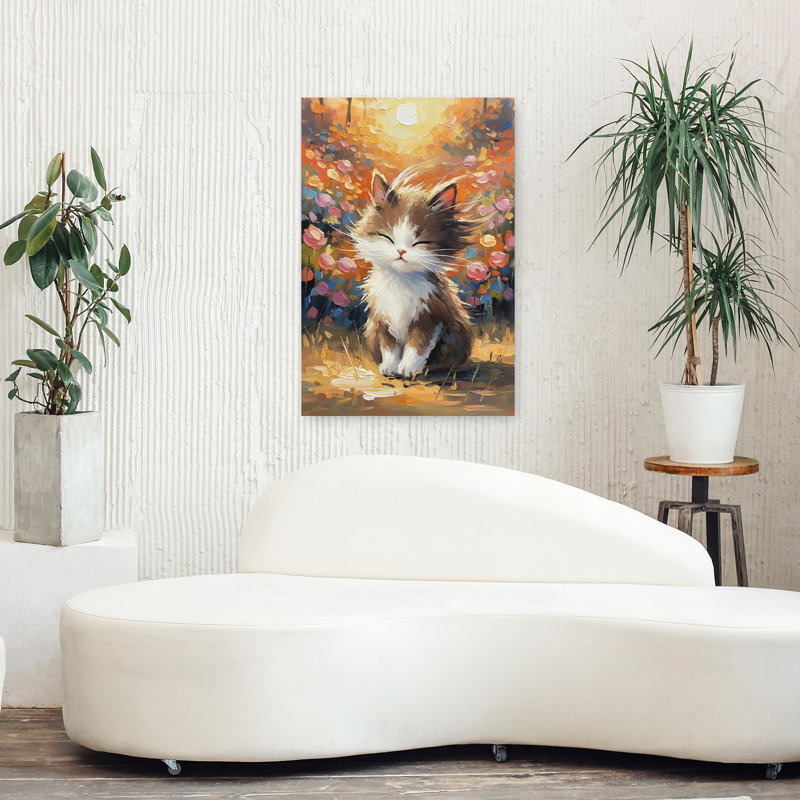 Mignon chat, art contemporain classique abstrait avec fleur de chat, H 36 po x l 24 po