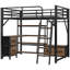 Lit mezzanine double en métal avec bureau et garde-robe, avec lumières DEL, cadre robuste pour station de charge, rangement pour garde-robe