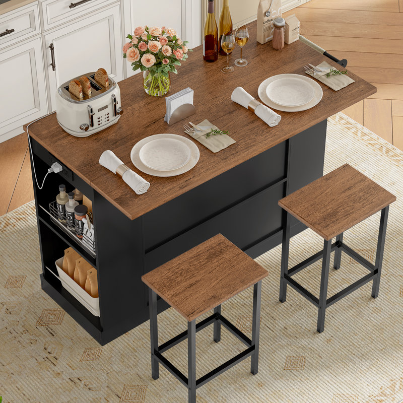 3 Pieces  Farmhouse Kitchen Island Cart with Power Outlets, 2 Stools & Drop-Leaf Top | Mobile Serving Cart with Storage & Removable Wheels