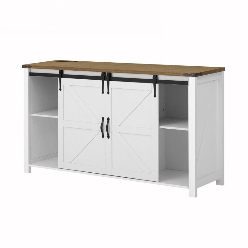 Armoire de rangement avec portes de grange coulissantes et 4 tiroirs, Blanc / Brun
