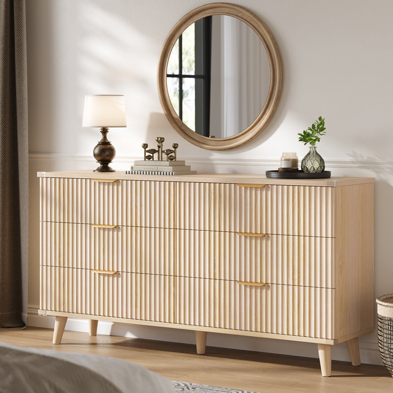 6-Drawer Dresser With Wave-Fluted Panels, Modern Boho Storage Cabinet With Solid Wood Frame And Metal Handles, Versatile Organizer For Bedroom, Living Room, Entryway, Hallway & Closet