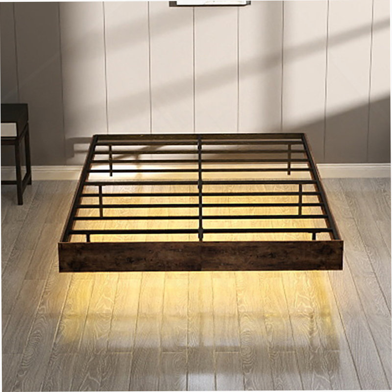 King Size Floating Bed Frame With LED Lights, Heavy Duty Metal Platform For Modern Bedrooms - Brown, King