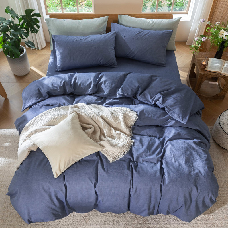 MooMee Duvet Cover Set 100% Washed Cotton Linen Like Textured Lightweight, Denim Blue