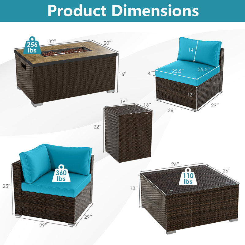 Ensemble de meubles d'extérieur 7 pièces avec table de foyer et couvercle de réservoir de propane noir, Turquoise