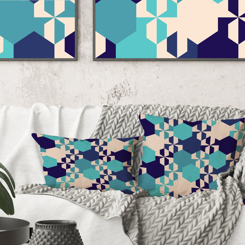 Coussin décoratif rétro à motif géométrique beige clair et bleu foncé