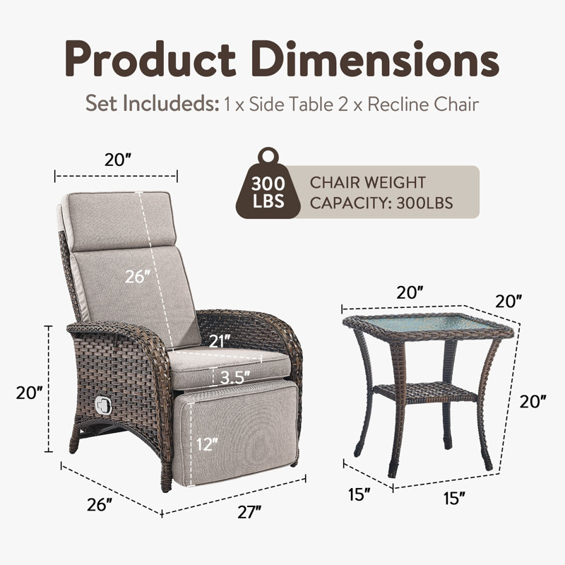 Serita Serita Outdoor All-Weather PE Wicker Adjustable Reclining Lounge Chair With Cushions, Beige