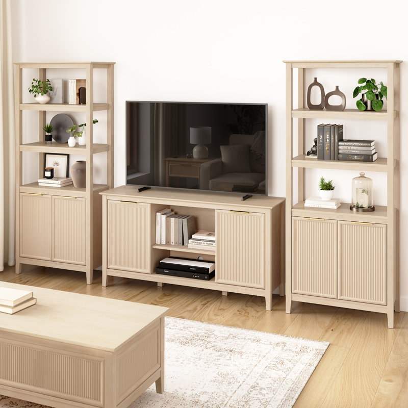 Fluted TV Stand With Set Of 2 Bookcases With Doors, Living Room Furniture, Tan