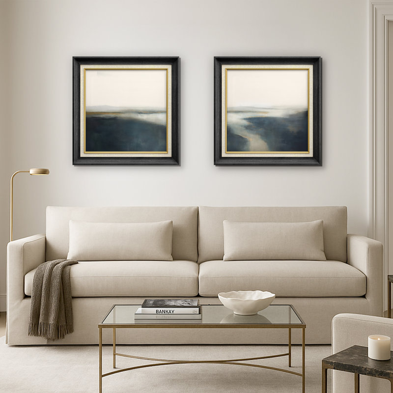 Ensemble de 2 paysages encadrés sur toile marine et gris marine, H 26 po x l 26 po, Cadre de galerie noir