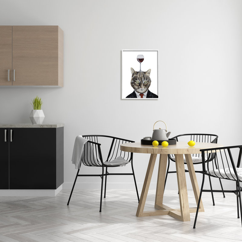«Cat In suit Wine Glass on Wood» par Coco De Paris, peinture, H 16 po x l 20 po, Giclée encadrée blanc bord de mer