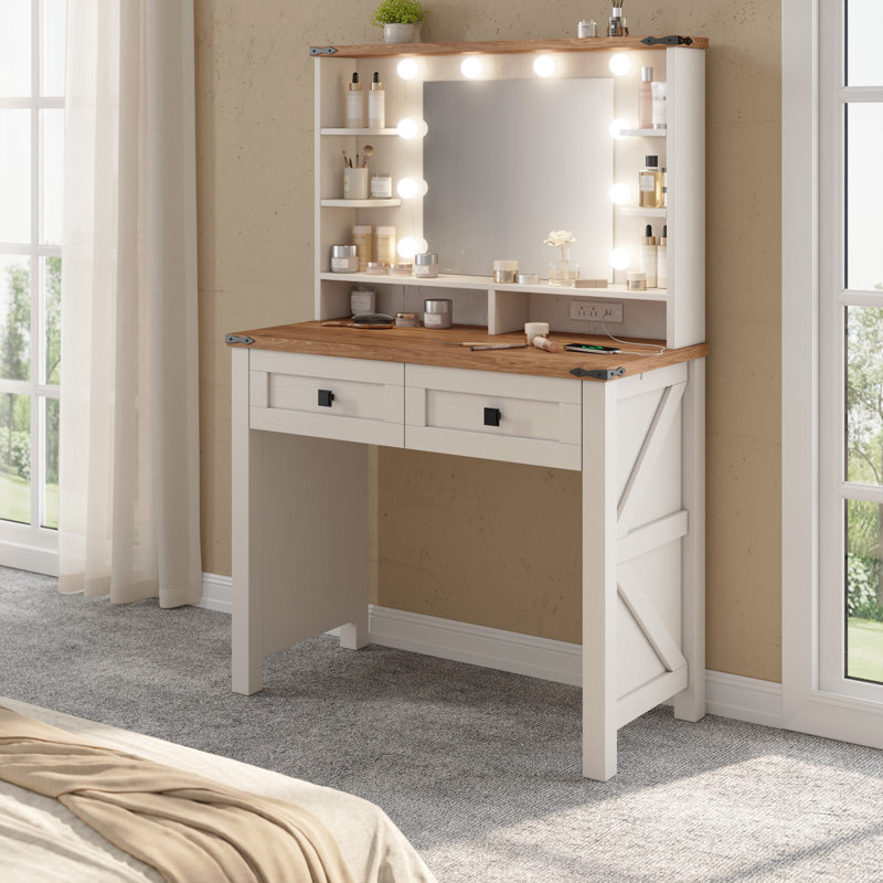 Bureau de meuble-lavabo avec miroir et lumières de l 31,5 po, Blanc / naturel