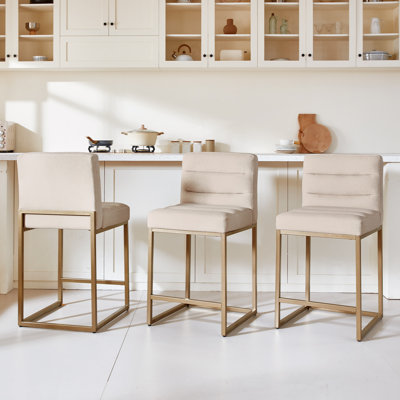 Ensemble de tabourets de bar kaki et doré de tabourets de bar modernes en lin de 3,25 po de hauteur comptoir avec dossier épais et élastique. Tabourets de comptoir réglables à structure métallique pour îlot de cuisine