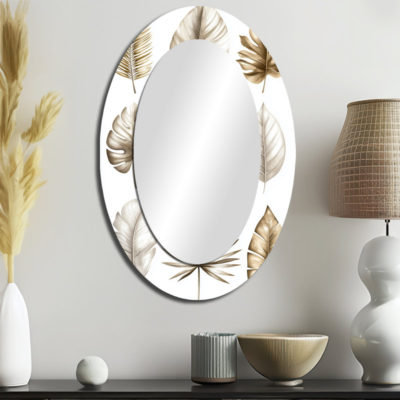 Miroir mural ovale en métal Reflection Tropical Grey Leaves III, 36 po x 24 po