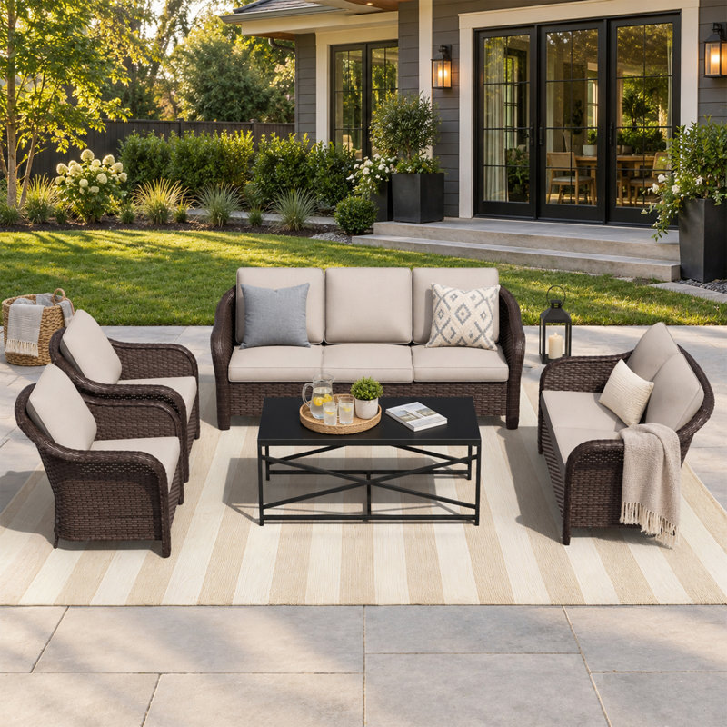 Ensemble de conversation d'extérieur en rotin pour 7 personnes avec coussins Hazel , Beige