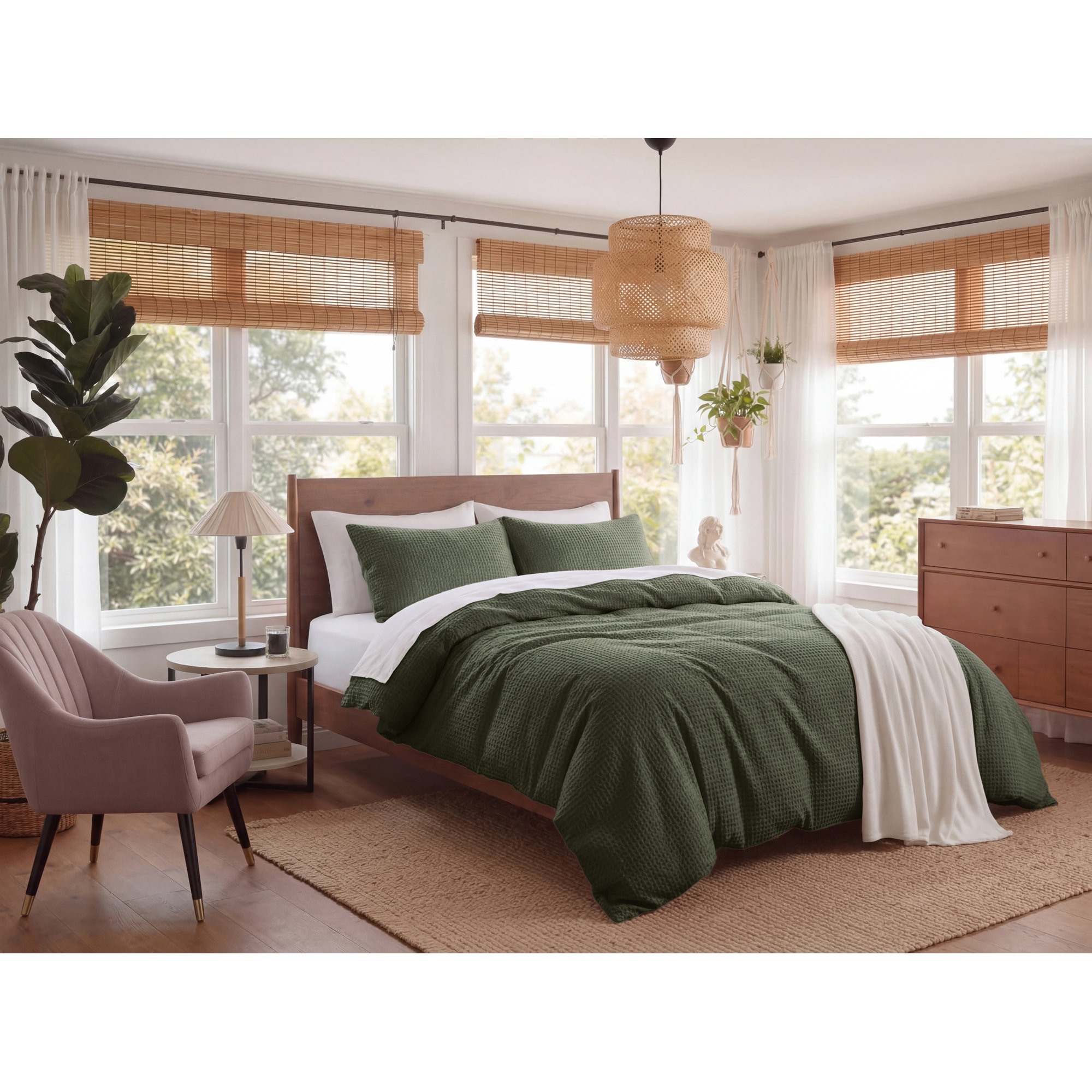 Bedsure Luxury Soft 100% Cotton Waffle Weave Plaid Duvet Cover, Olive Green, California King Duvet Cover + 2 King Shams