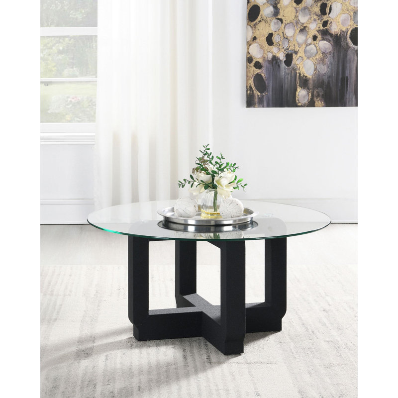 Table basse ronde avec plateau en verre transparent noir