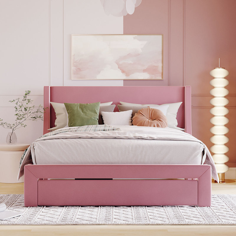 Lit plateforme avec rangement et velours, Rose