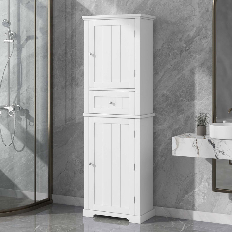 Grande armoire de rangement pour salle de bain, armoire de rangement autoportante avec tiroir et tablette réglable, panneau de fibres à densité moyenne avec finition peinte