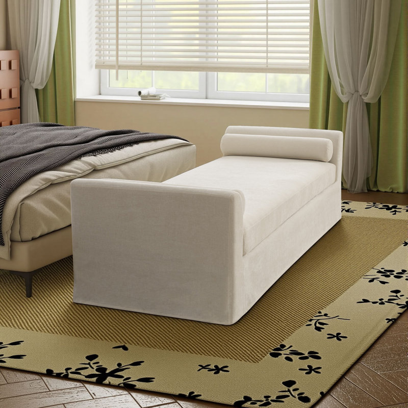 88.5" W Upholstered Modern Bench With Bolster Pillows, Beige