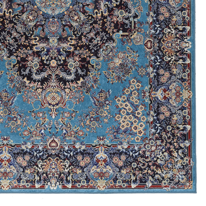 Emanuel Traditional Machine Woven Flatweave Blue and Navy Area Rug with Non Skid Backing, Rectangle 6'7" x 9'7"