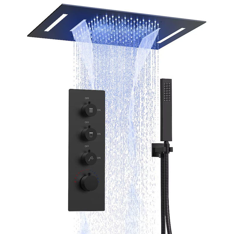 Ceiling Mount 23" LED Thermostatic Shower System with Rainfall & Waterfall and Handheld Spray, Matte Black