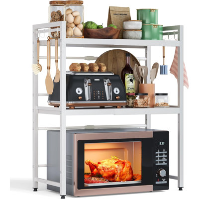 Support de micro-ondes extensible à 3 niveaux, à poser sur le comptoir, avec grille pour four à micro-ondes, étagères de rangement pour casseroles et appareils électroménagers, hauteur des séparateurs réglable, noir.