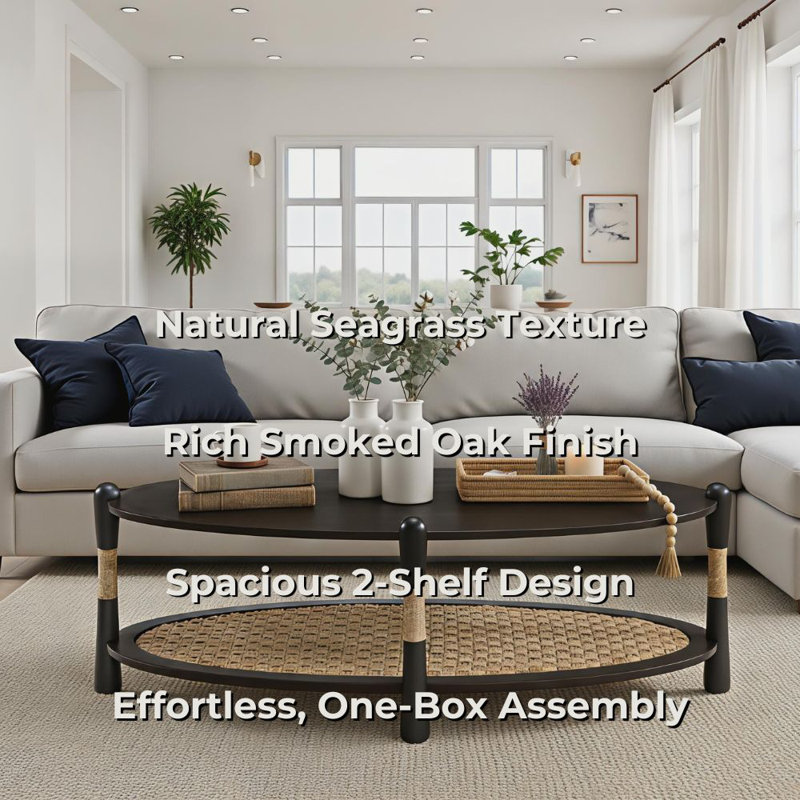 Oval Wood Coffee Table With Seagrass Shelf, Smoked Oak