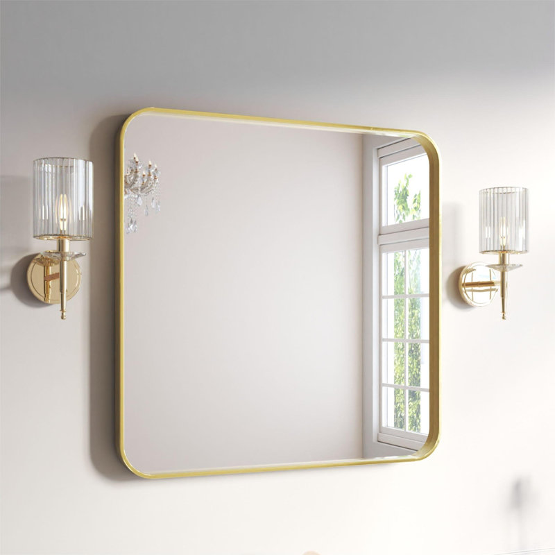 Élégant miroir encadré en aluminium avec coin arrondi pour une décoration intérieure élégante, Or brossé, Carrée