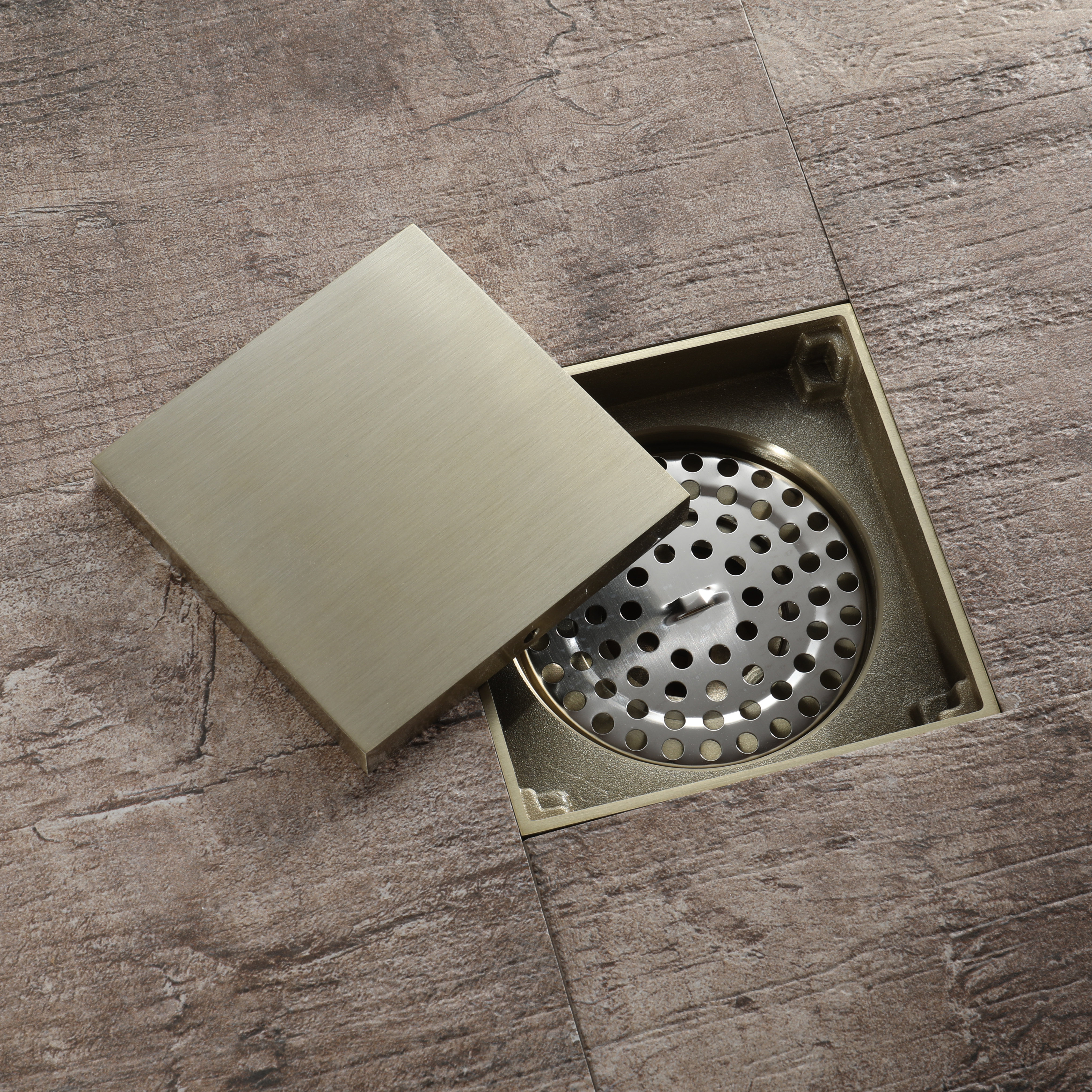 Gold Shower Set, Tile Insert 5 Inch Square Drain with Gold Shower