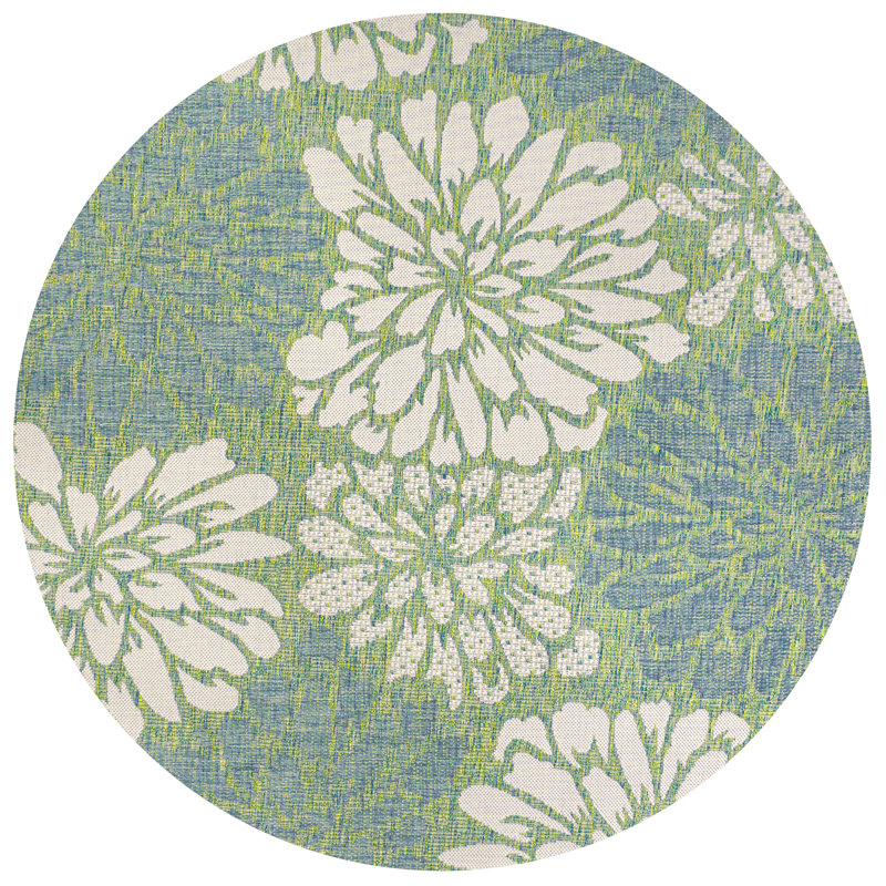 Zinnia Modern Floral Textured Weave Cream/Green Indoor/Outdoor Rug, Round 3'11"