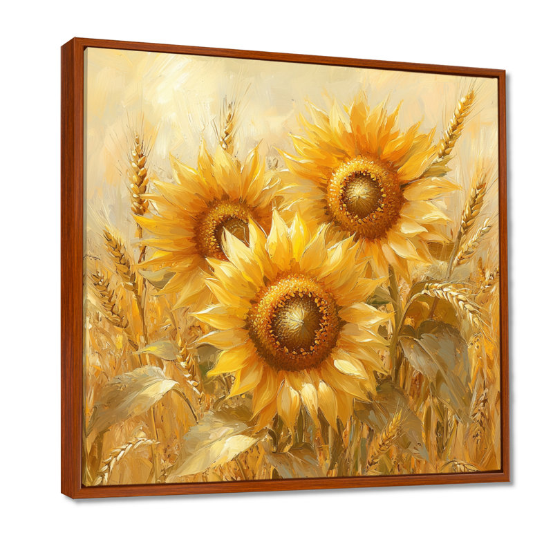 "Tournesols" dans la basse-cour de blé - Art mural, H 30 po x l 30 po, Impression encadrée flottante sans passe-partout, Brun