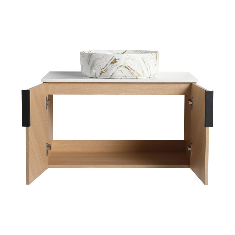 30'' Single Floating Bathroom Vanity With Ceramic Art Sink, Wall Mounted Bathroom Vanity With 2 Soft Close Doors, White/Gold