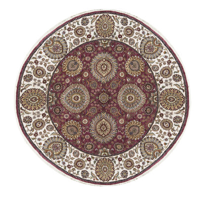 Tapis rond rouge, brun et beige noué à la main de haute qualité