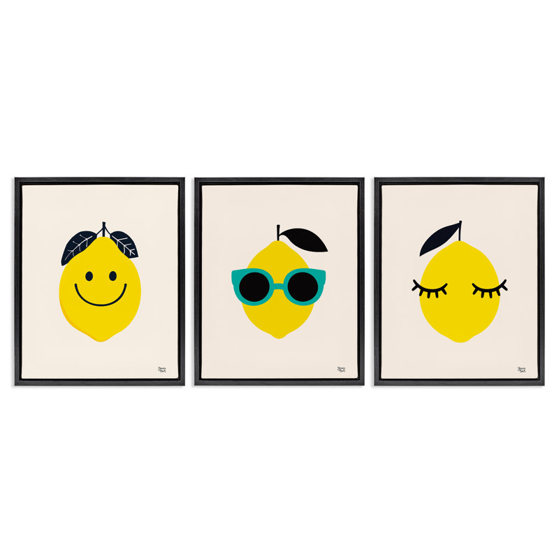 Ensemble de 3 toiles flottantes encadrées noires Hip Summer Lemon faces par Jessica Beck, Cadre flottant noir de jais