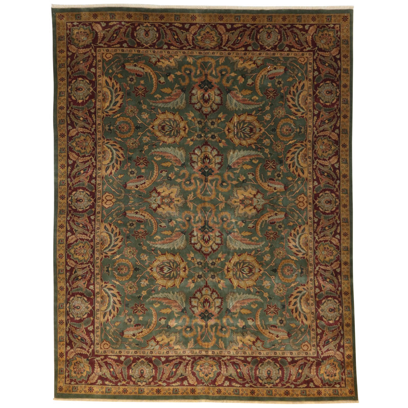 Oriental Hand-Knotted Wool Green/Burgundy/Orange Area Rug, Rectangle 9'2" x 11'10"