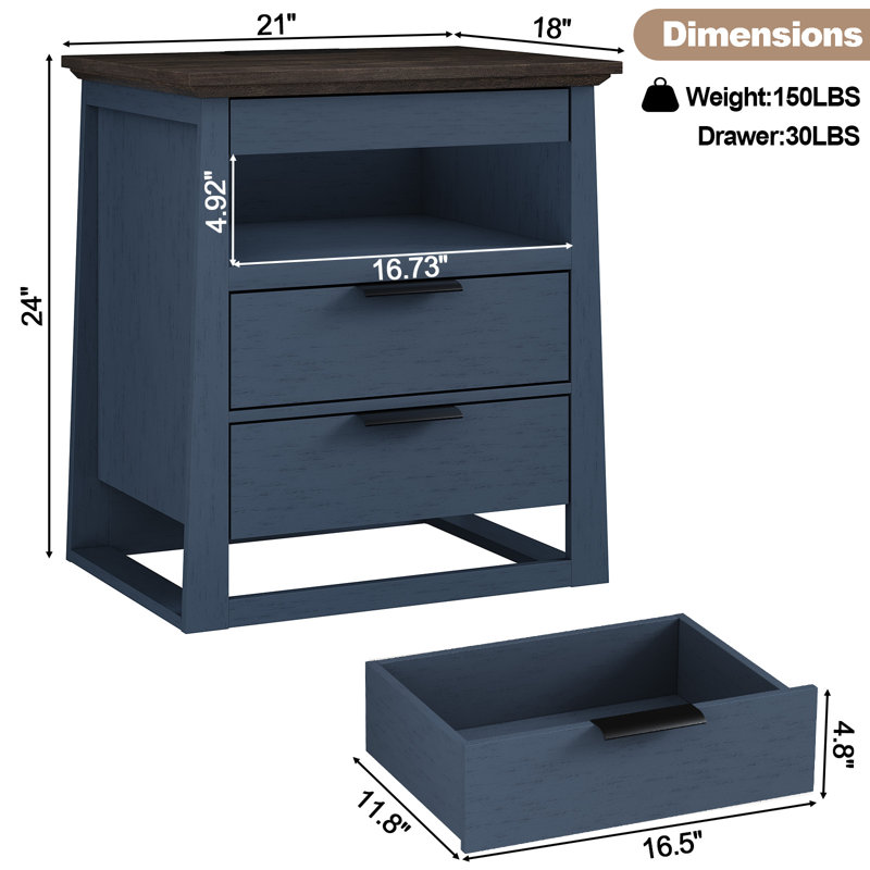 Tables de bout 24 tiroirs 24 po avec station de charge et lumières DEL, Plateau brun foncé / base bleue