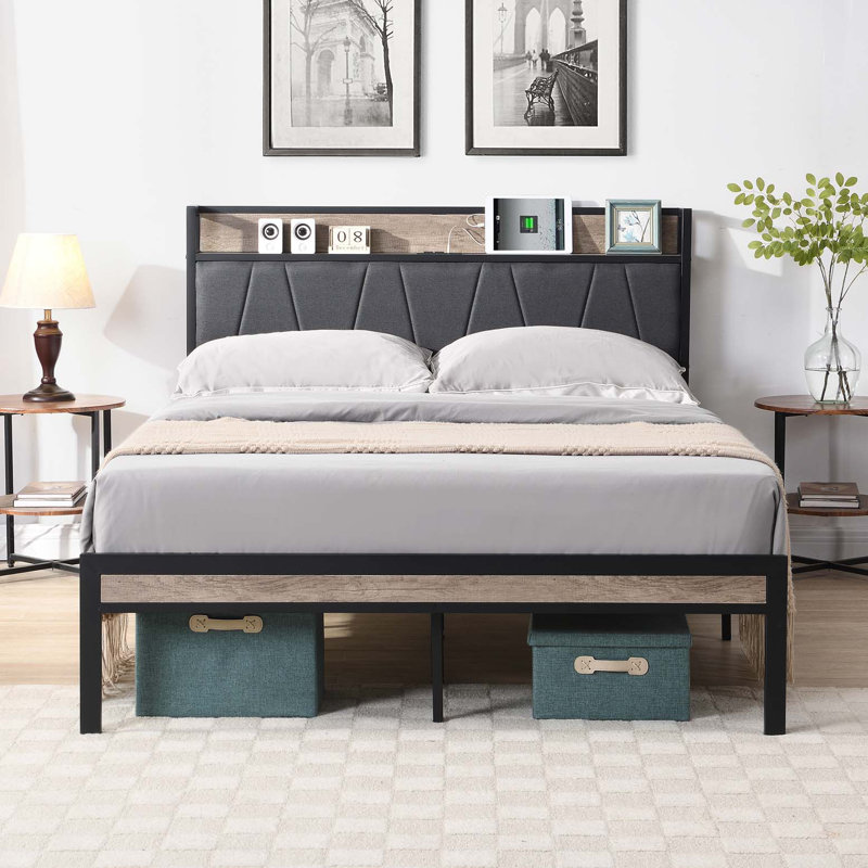 Structure de lit plateforme grand en métal avec fonction de rangement pour le revêtement de lit Tête de lit et doublure USB et pied de lit, aucun sommier nécessaire, grand rangement sous le lit, assemblage facile