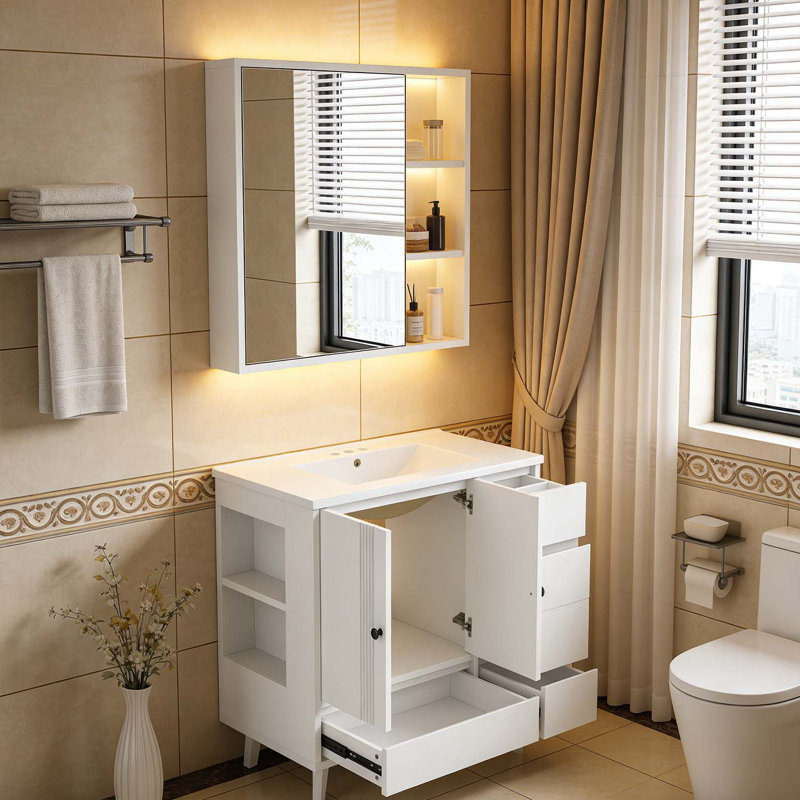 Ensemble de meuble-lavabo avec lavabo, 4 tiroirs et support de rangement latéral pour un rangement moderne et efficace