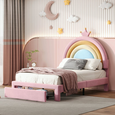 Twin Size Upholstered Rainbow Design Bed, Velvet Princess Platform Bed With Storage Drawer, No Box-Spring Needed,Colorful&Pink