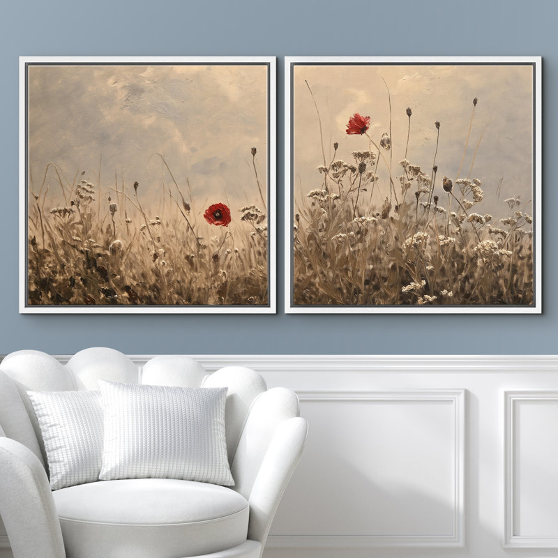Impression sur toile Golden Field Wildflowers with Red Poppy, H 16 po x l 16 po, Cadre flottant blanc