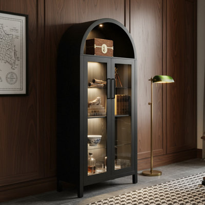 67"H X 30"W Tall Arched Storage Cabinet With LED Light & Glass Doors, Storage Cabinet With Adjustable Shelves