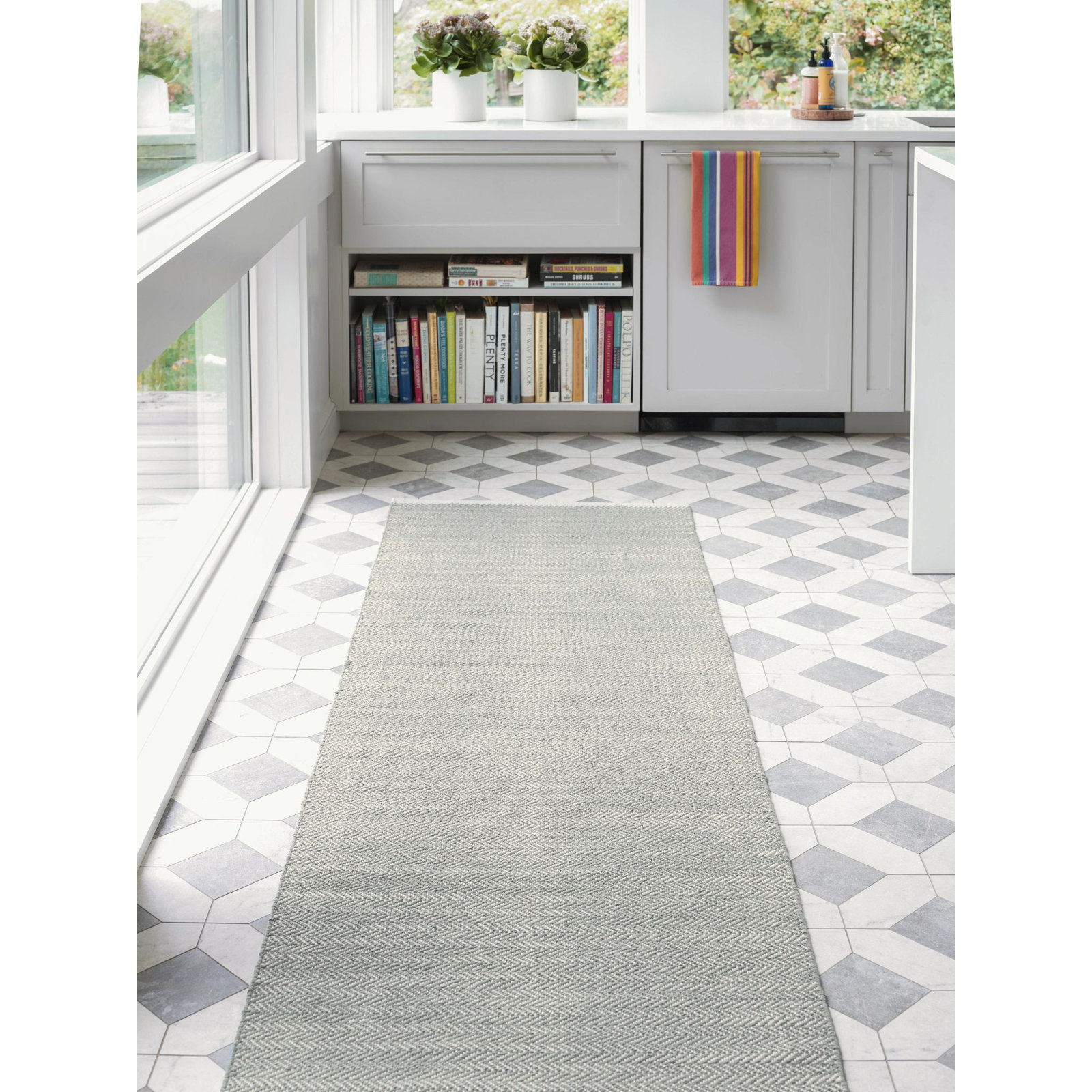 Herringbone Swedish Blue Handwoven Cotton Rug, Runner 2'6" x 12'