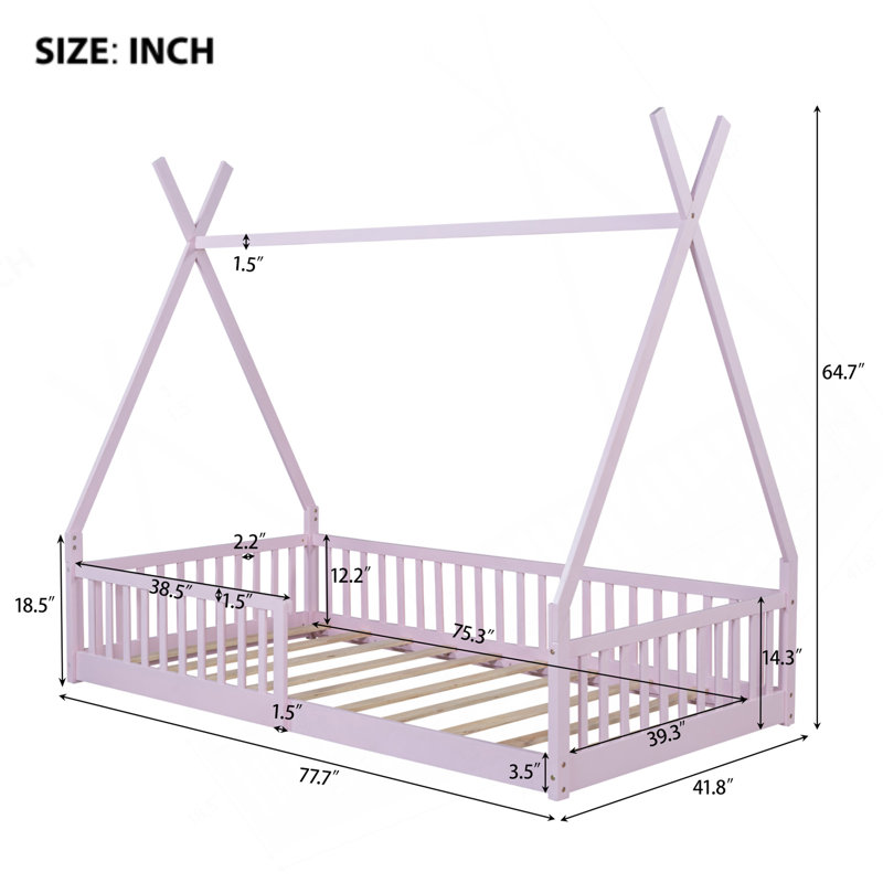 Lit simple en bois avec clôture, rose