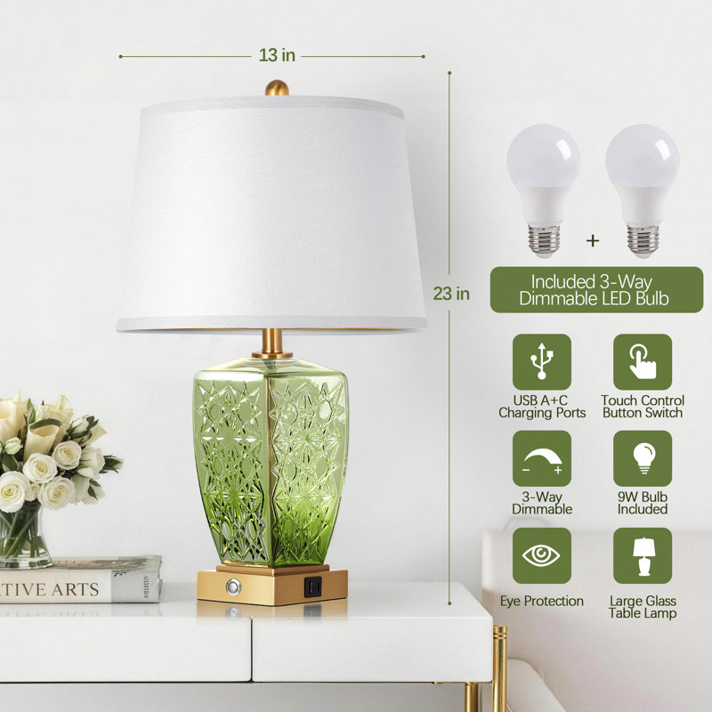 Ensemble de 2 lampes de table en verre de 23 po, lampes de chevet pour chambre à coucher avec ports USB A + C, lampe de table de chevet à commande tactile à intensité variable à 3 voies pour le décor du salon, vert